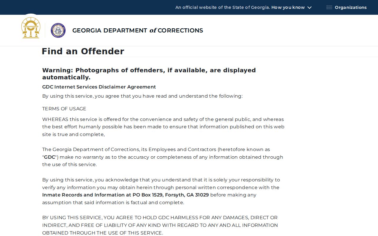 Georgia Department of Corrections offender search page
