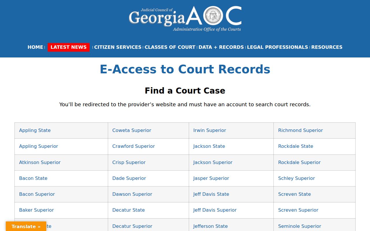 Georgia Courts E-Access page for court record providers