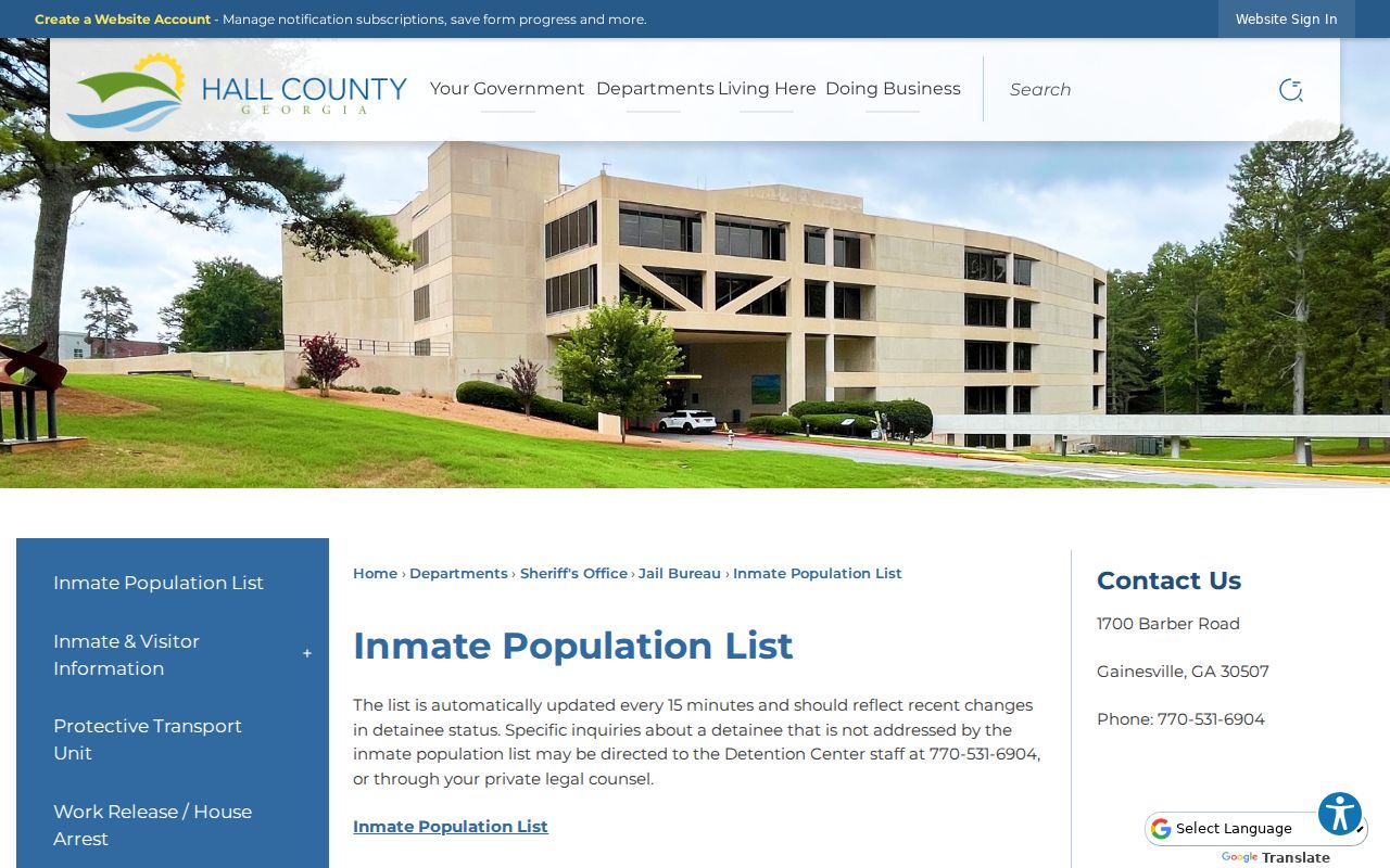 Hall County inmate population list webpage