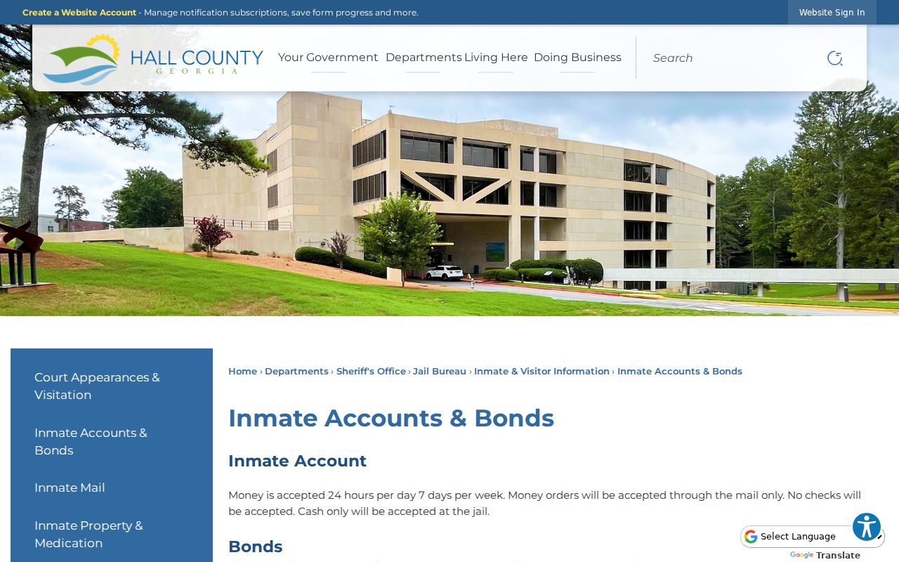 Hall County inmate accounts and bonds webpage